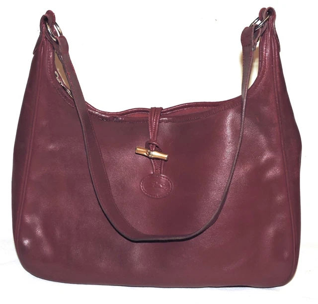Vintage LONGCHAMP Roseau Burgundy Red Real Leather Medium Shoulder Bag FRANCE