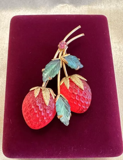 Vintage Collectors Austrian Double Red Strawberry Molded Fruit Glass Brooch