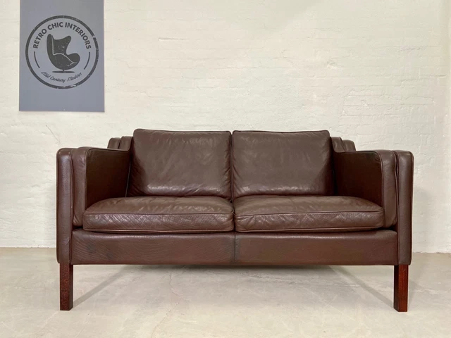 Vintage Danish Mid Century Stouby 2 Person  Brown Leather Sofa