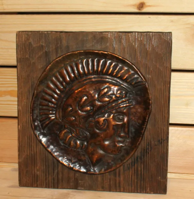 Vintage hand made copper/wood wall hanging plate Spartan warrior