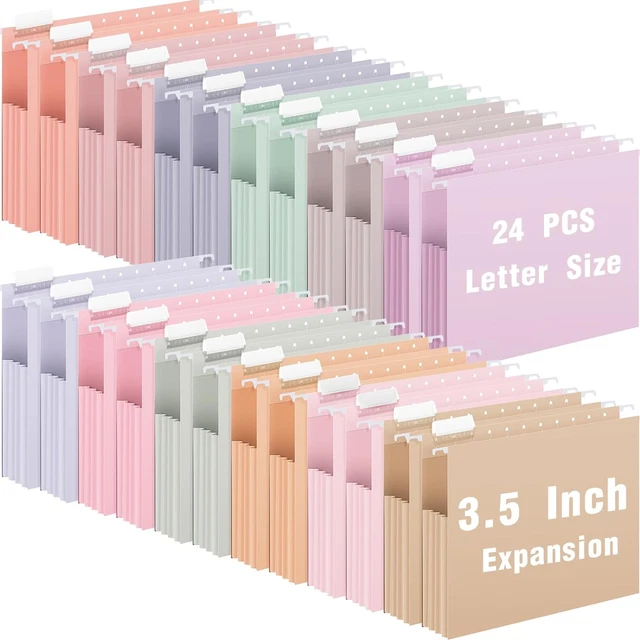 24 Pcs Extra Capacity Hanging File Folders Letter Size 3.5 Inch Expansion Colore