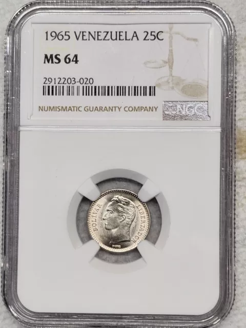 1965 Venezuela 25 Centavos Coin NGC Rated MS 64