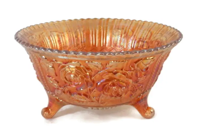 Antique Imperial Glass Tri-Footed Fruit Bowl Marigold Orange Lustre Rose Pattern