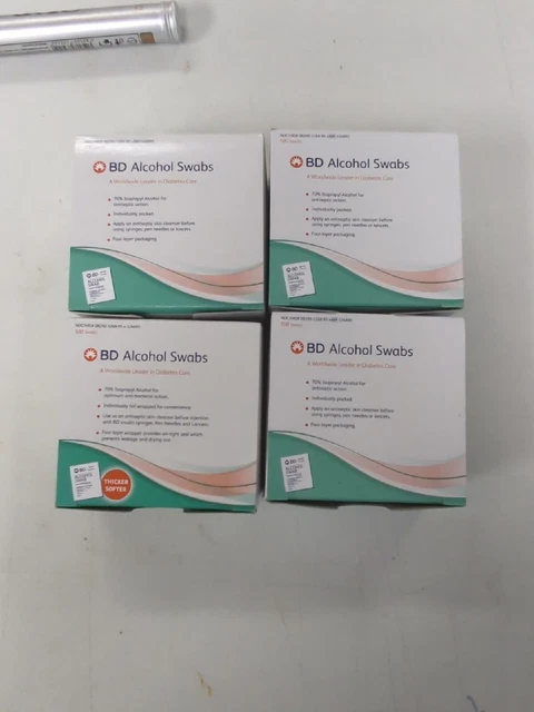Lote de 4: hisopos de alcohol BD, toallitas, 100 quilates cada uno -70% de alcohol, antiséptico EX 12/26
