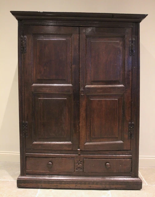 Antique Queen Anne Period Oak Housekeeper's Cupboard Press Wardrobe, c 1700