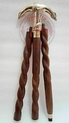 Antique Brass Anchor Head Handle Walking Stick Wood Shaft Spiral Carved Cane New