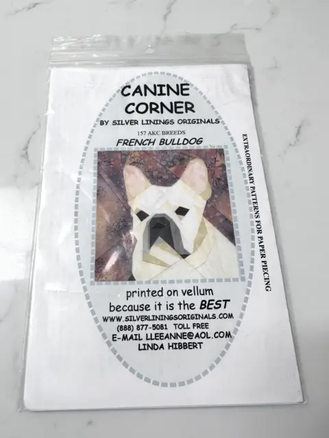 Esquina canina, bulldog francés, pedazos de papel edredón patrón de costura sin usar
