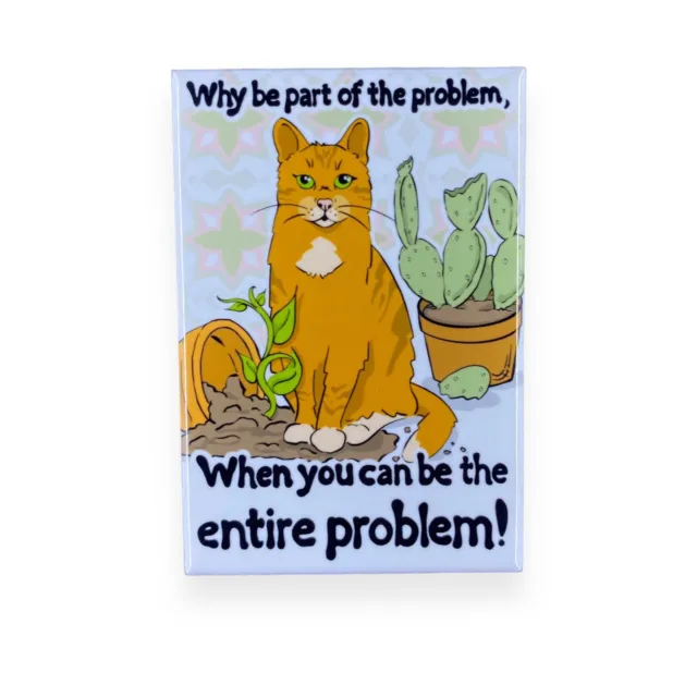 Funny Orange Tabby Cat and Plants Magnet Handmade Pet Portrait Decor Gift 2x3"