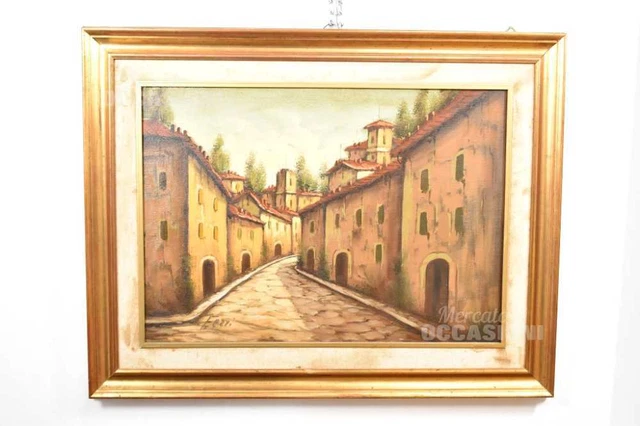 Quadro Dipinto Autore Fezzi Raffigurante Borgo Con Archi 90 X 70 Cm