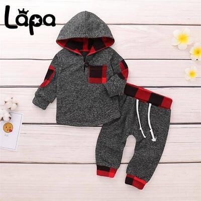 Newborn Baby Boys Plaid Hooded Tops+Pants Kids Outfits Set Tracksuit Clothes