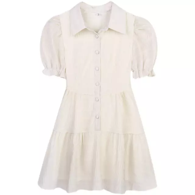 Donna Chiffon Abito Mini Plissettato Corto Puff Maniche a Balze Bottoni Carino