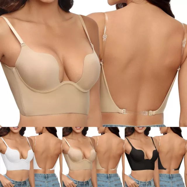 Women Low Back Bra Deep U Backless Bra Wire Lifting With Convertible Clear Strap