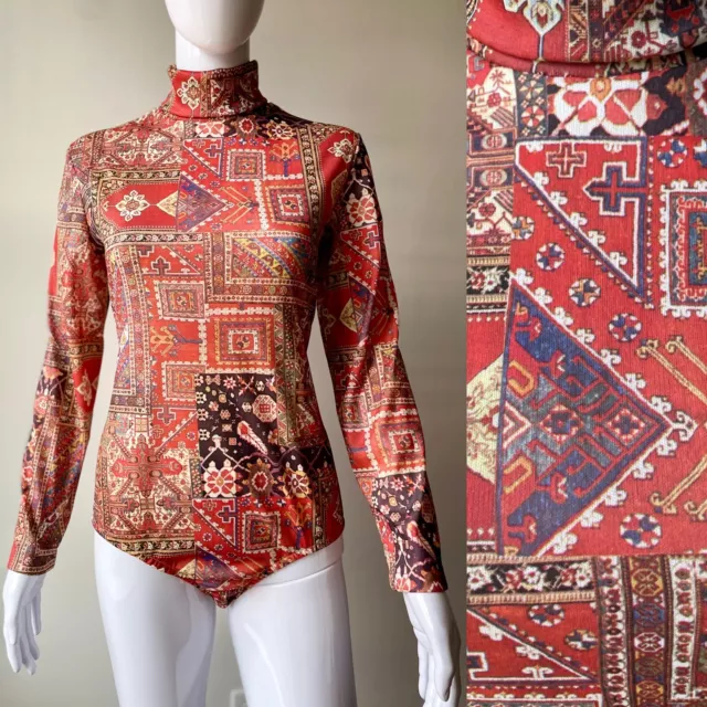 Vintage L 60s 70s Bodysuit Persian Rug Tapestry Print TurtleNeck EUC Jump Shirt