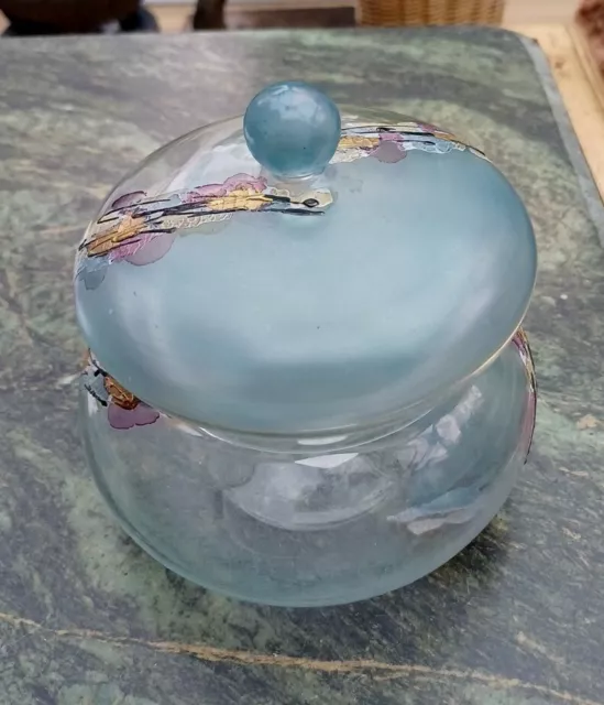 Vintage Ana-Maria Transylvania Clear/Frosted Pale Blue, Hand Painted Powder Bowl