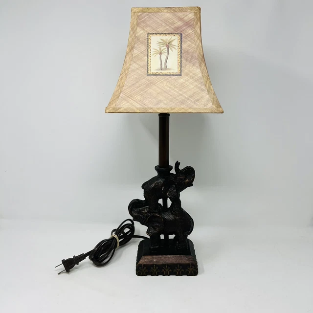 VINTAGE STYLE ELEPHANT Table Lamp With Palm Tree Lamp Shade Bronze 18