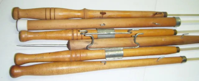 6 VINTAGE WOOD & Fiberglass Ice Fishing Poles - Rods - Sticks