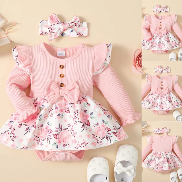 Newborn Baby Girls Floral Ribbed Romper Dress Heandband Set Outfits Clothes UK