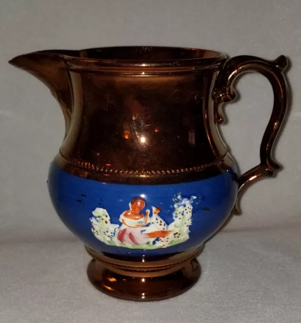 19th C. English Victorian Copper Luster Jug Blue Band & Enameled Sprigs 6-5/8"