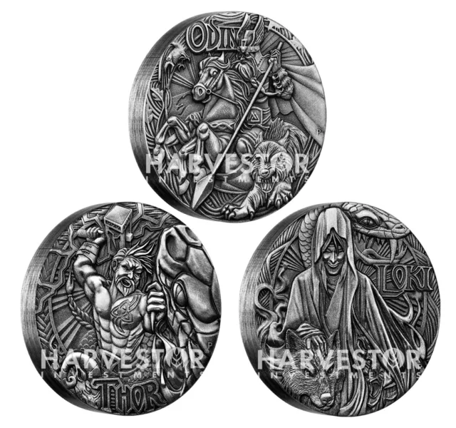 2016 Silver Norse Gods Complete 3-Coin Set - Odin, Thor, Loki - All Ogp And Coa