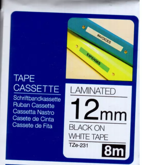 Brother 12mm x 8M Black On White Tape Cassette NEW Genuine TZe-231 Laminated