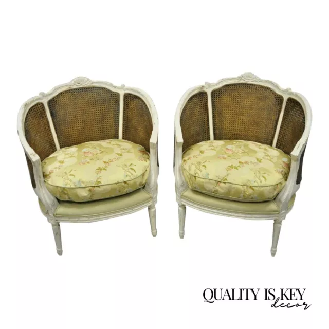 Pair of Caned French Louis XVI Style White Distress Painted Bergere Salon Chairs