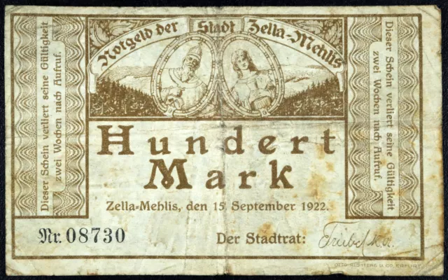 ZELLA-MEHLIS 1922 100 Mark Early Inflation Notgeld Banknote Germany