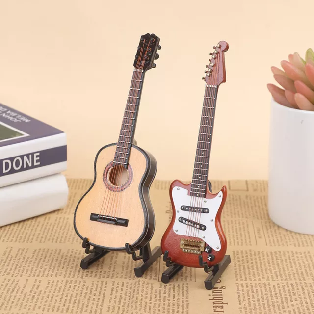 1/6 Dollhouse Miniature Wooden Electric Guitar With Stand Model Instrument  Z Sp