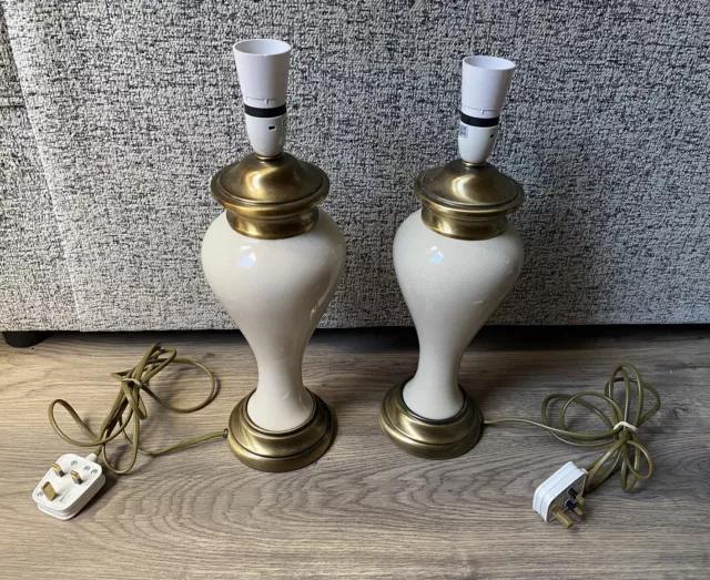 Pair Of Vintage Style Brass & Ceramic Urn Shape Cream Crackle Table Lamps