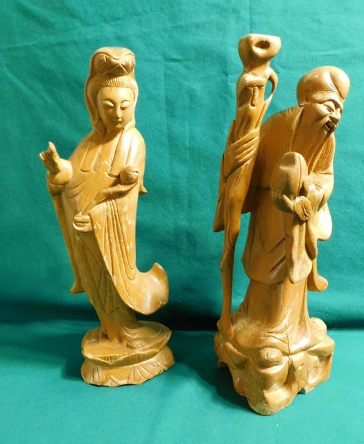 2..Antique Qwan Yin Statue Figurine Chinese Immortal Goddess Carved Boxwood Vtg