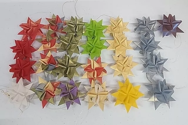 Vtg Christmas Lot 25 Moravian Star Bow Ornaments Waxed Paper Glitter Handmade