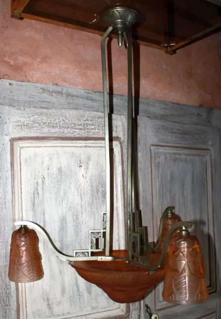 ancien lustre Art Déco vasque Ranc Freres monture vasque et trois tulipe *
