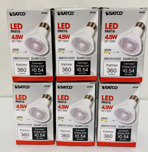6 Satco S9386 Par16 LED 3000K 40' Beam Spread Medium Base Light Bulb, 45w