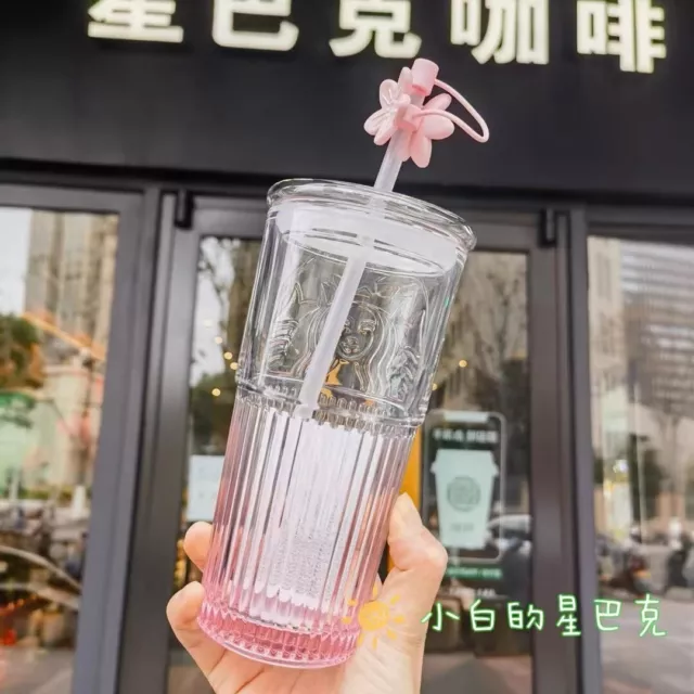 2024 NEW Starbucks Gradient Pink Sakura Tumbler W/ Topper Glass Cups 550ml Gifts