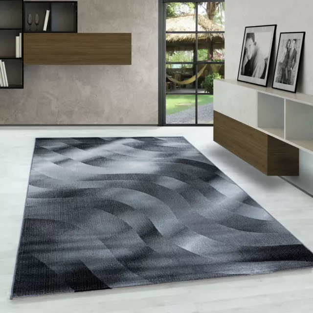 Teppich Modern, Abstrakt Wellen Design, Schwarz, Pflegeleicht, Wohnzimmerteppich