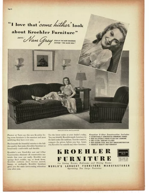 1938 Kroehler Furniture 5644 sofa chair suite Nan Gray movie star Vintage Ad
