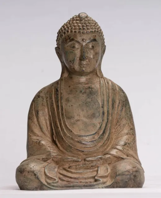 Ancien Japonais Style Bronze Assis Méditation Statue de Bouddha -