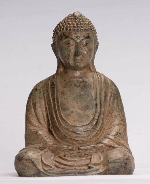 Ancien Japonais Style Bronze Assis Méditation Statue de Bouddha -