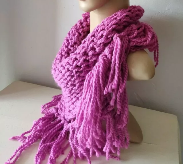 Womens Hand Knit Fringe Scarf Chunky Fuchsia Pink  Bib Triangle Boho Wrap