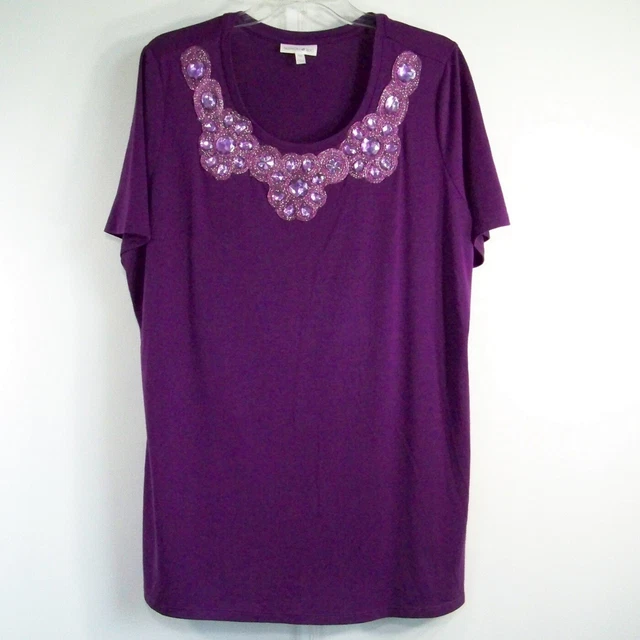 Fashion Bug Plus Tag 0X Measure 1X Top Purple Embellished SS Poly Blend Spandex