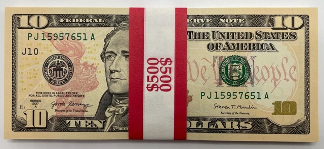 NEW Uncirculated Ten Dollar Bills, SERIES 2017A, $10 Sequential Notes, Lot of 50