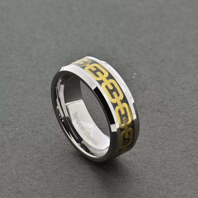 8mm Tungsten Beveled Edge Gold Chain Link Inlay Men Wedding Engagement Band