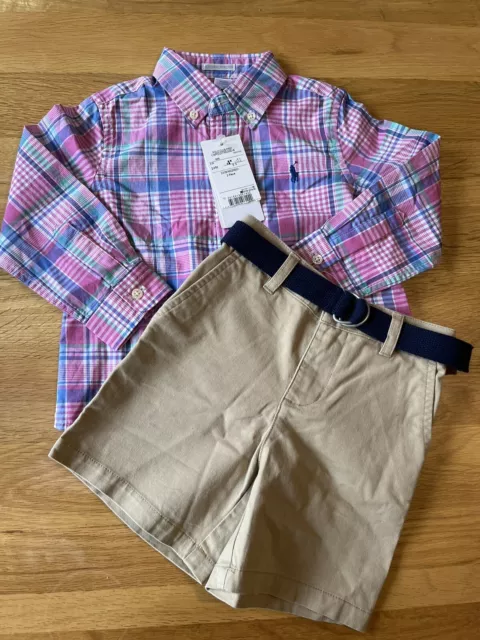 NEU MIT ETIKETT RALPH LAUREN Baby Jungen Leinen SHIRT, SHORTS & GÜRTEL Hochzeit SET 2 Jahre alt