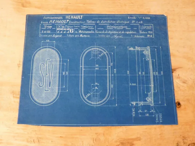 ORIGINAL 1914 - Blueprint Renault cyanotype - SEV Tableau de distribution elec