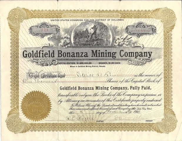 GOLDFIELD BONANZA MINING CO    1904 stock certificate