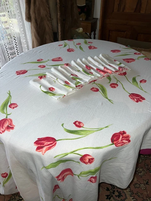 Ancien service de table coton décor tulipes nappe 125 cm x 235 cm  12 serviettes