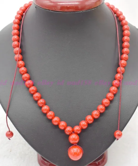 Natural 8mm South Sea Red Coral Round Gemstone Beads Pendant Necklace 18'' AAA