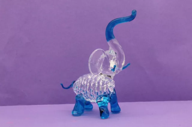 Elephant Miniature Spun Glass Blue Accents Vintage 3 inch tall