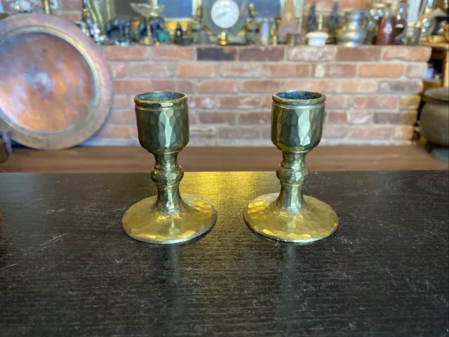 Pair Small Vintage Hammered Solid Brass Arts & Crafts Candlestick Holders