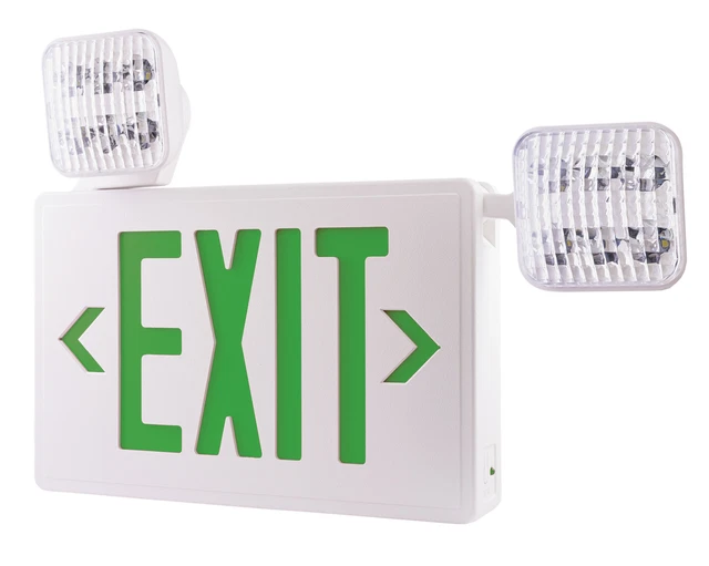 Elco EE94H White/Green 22"W Led Exit Sign With Adjustable Emergency Light Heads