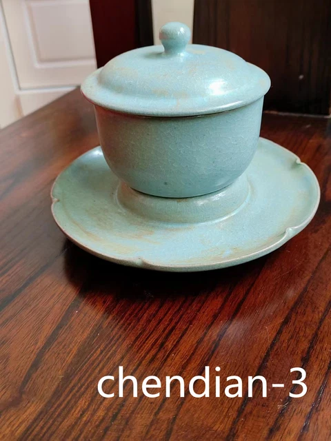 8" antiques Porcelain Song Ru kiln mark crackle Tianqing Glaze Covered bowl